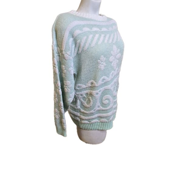 Vintage Beaucoup USA Made Mint Green White Metallic Floral Knit Pullover Sweater - Picture 3 of 12